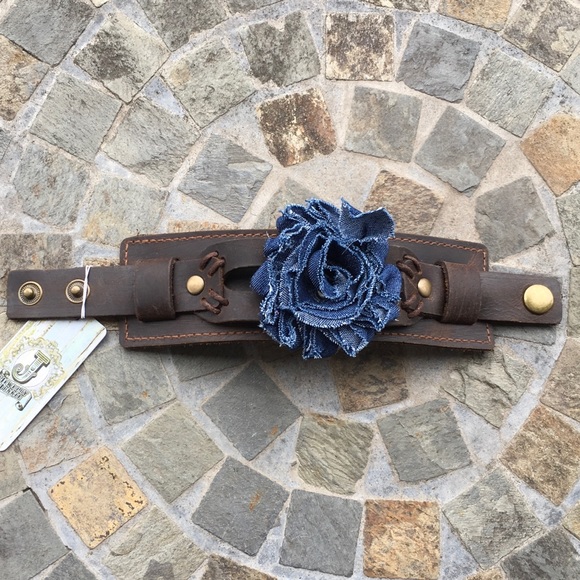 Jewelry - Jewelry Junkie Leather Cuff with Denim Flower